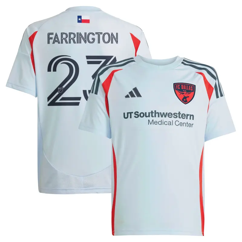 youth fc dallas logan farrington adidas light blue 2025 the inferno kit replica player jersey
